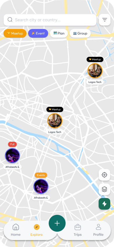 AJALA's Explore screen: a city map with meetups and events pinned, filters for Meetup, Event, Plan and Group, and a search bar for cities